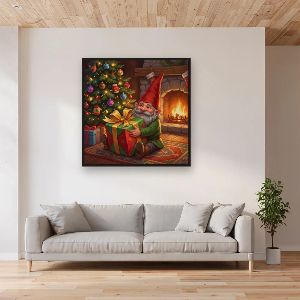 Gray-Bearded Gnome Hugging Red Gift – Living room