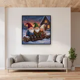 Three Gnomes on a Snowy Log – displayed in a living room
