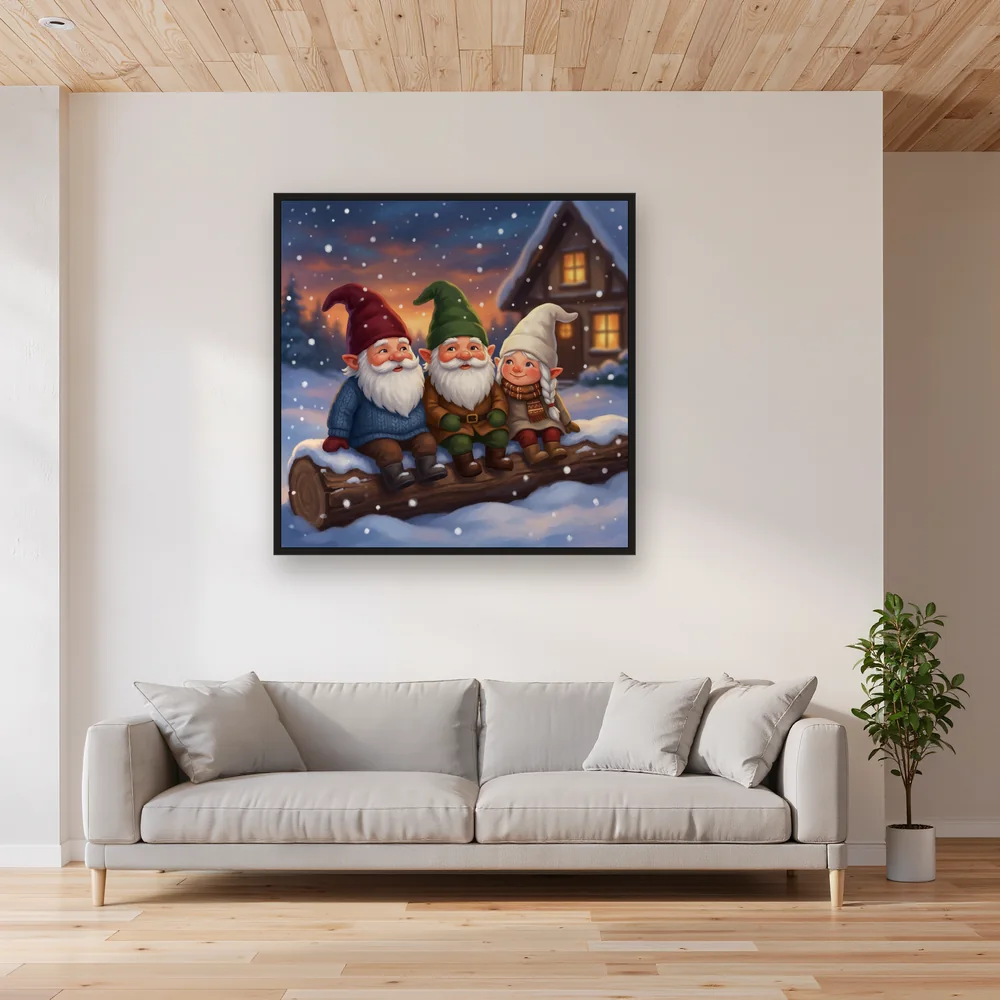 Three Gnomes on a Snowy Log – Living room