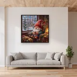Scandinavian Gnome with Cocoa by Frosted Window – displayed in a living room
