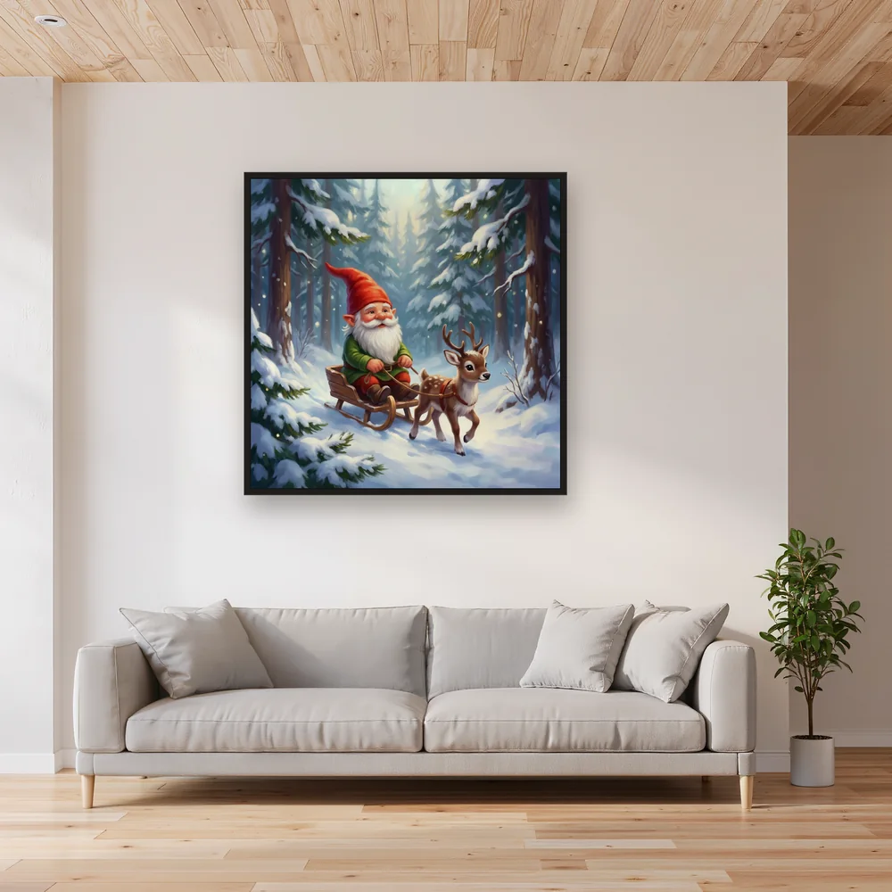 Gnome Sleigh Ride in Snowy Pines – Living room