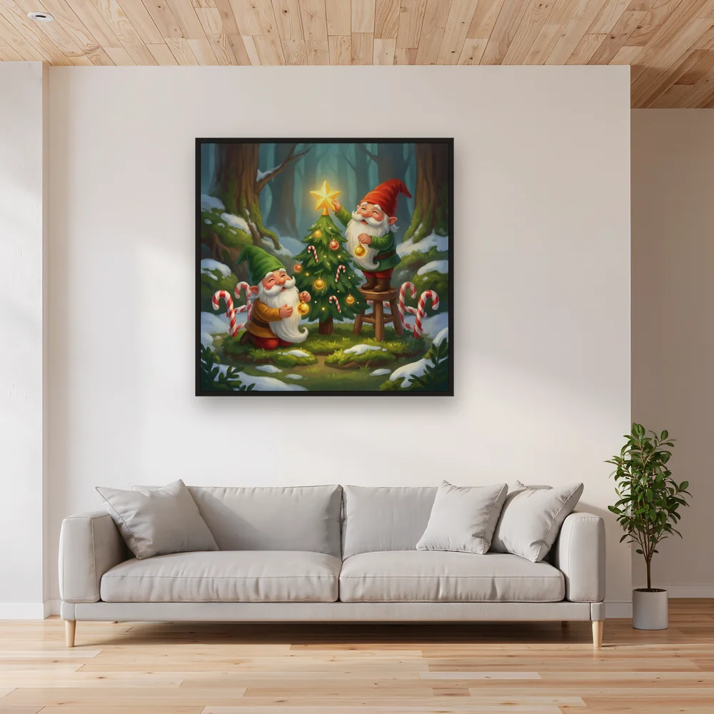 Gnomes Decorating a Tiny Christmas Tree – Living room