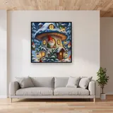 Christmas Gnome Peeking from Snowy Mushroom House – displayed in a living room