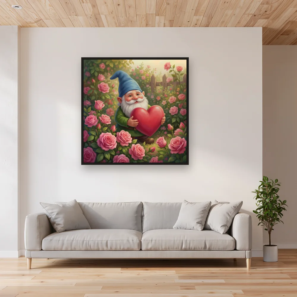 Spring Garden Gnome with Red Heart – Living room