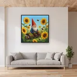 Sunflower Garden Gnome with Busy Bees – displayed in a living room