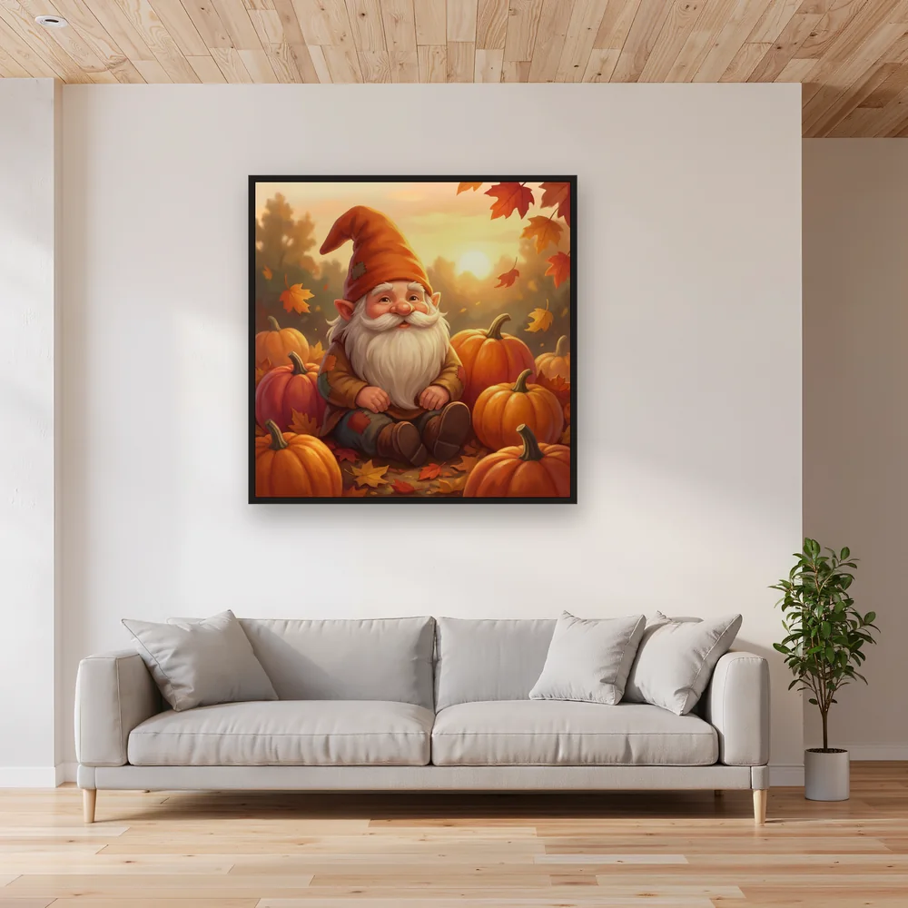 Golden Autumn Gnome Among Pumpkins – Living room