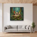 Three Gnomes' Picnic Tea on a Mossy Stump – displayed in a living room