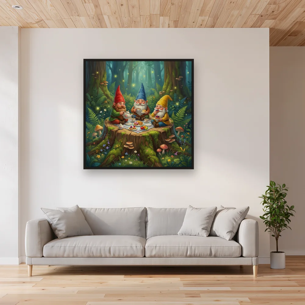 Three Gnomes' Picnic Tea on a Mossy Stump – Living room