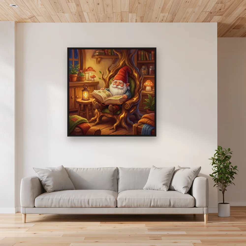 Candlelit Storybook Gnome in a Tree-Root Home – Living room