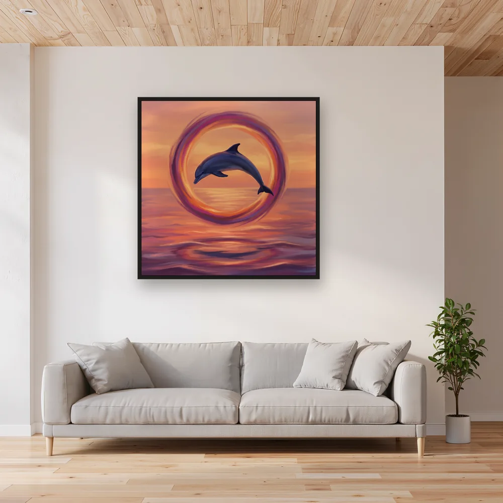 Dolphin Leaping Through Sunset Ring – Living room