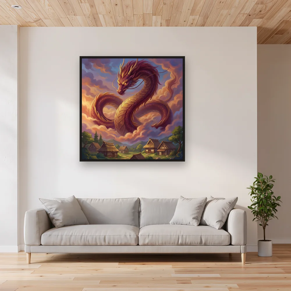Golden-Eyed Serpent Dragon Above Village – Living room