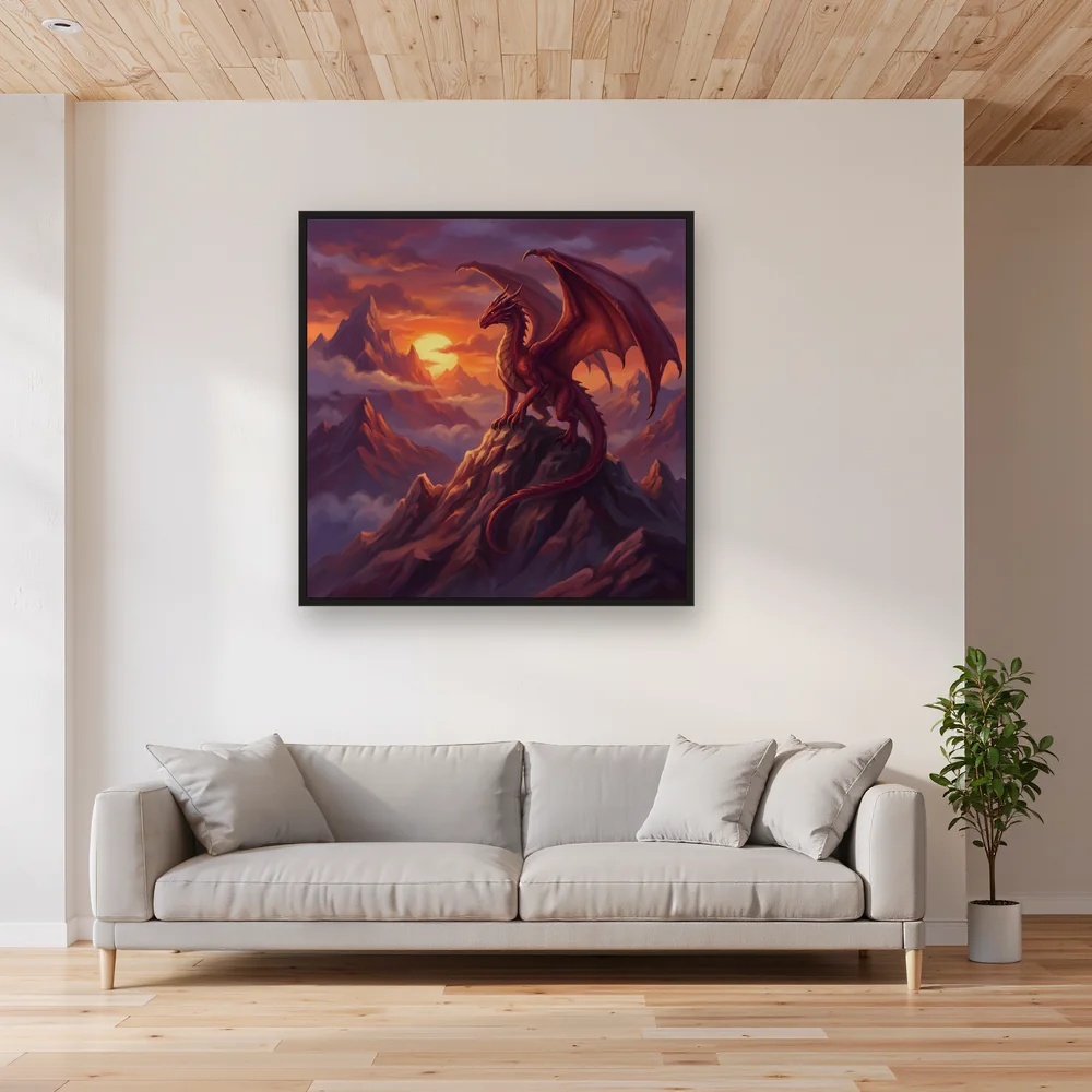 Red Dragon on a Sunset Mountain Peak – Living room