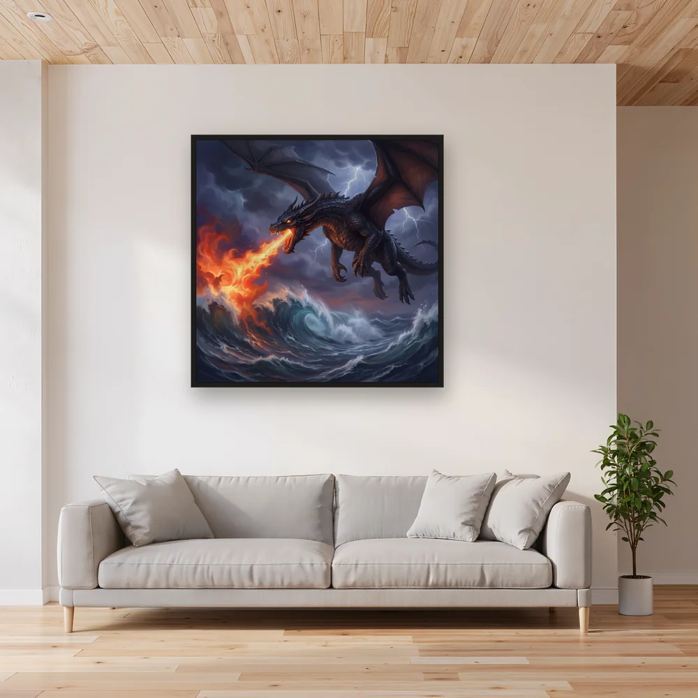 Black Dragon Fire Over Stormy Sea – Living room