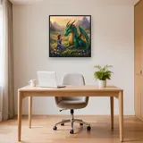 Girl Petting Friendly Dragon in Meadow – Office