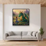 Girl Petting Friendly Dragon in Meadow – displayed in a living room