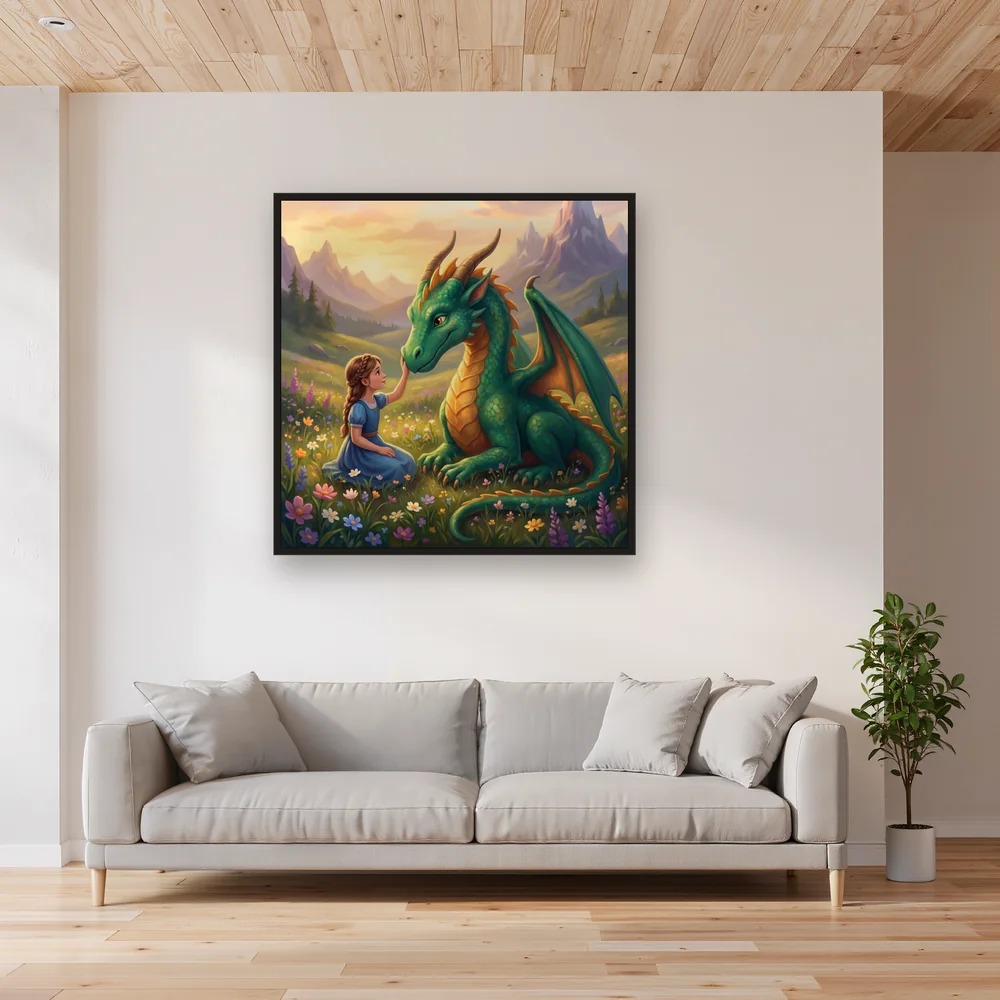 Girl Petting Friendly Dragon in Meadow – Living room