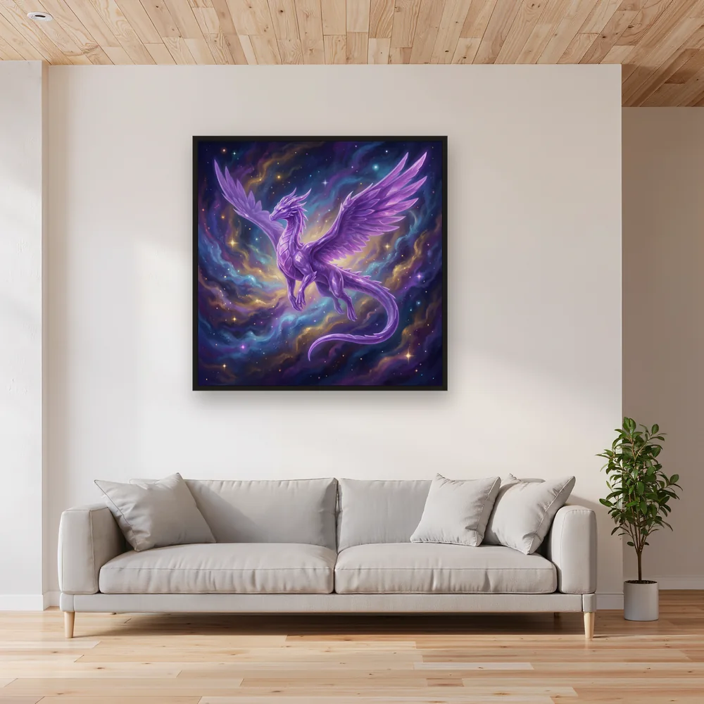 Purple Crystal Dragon Over Starry Nebula – Living room