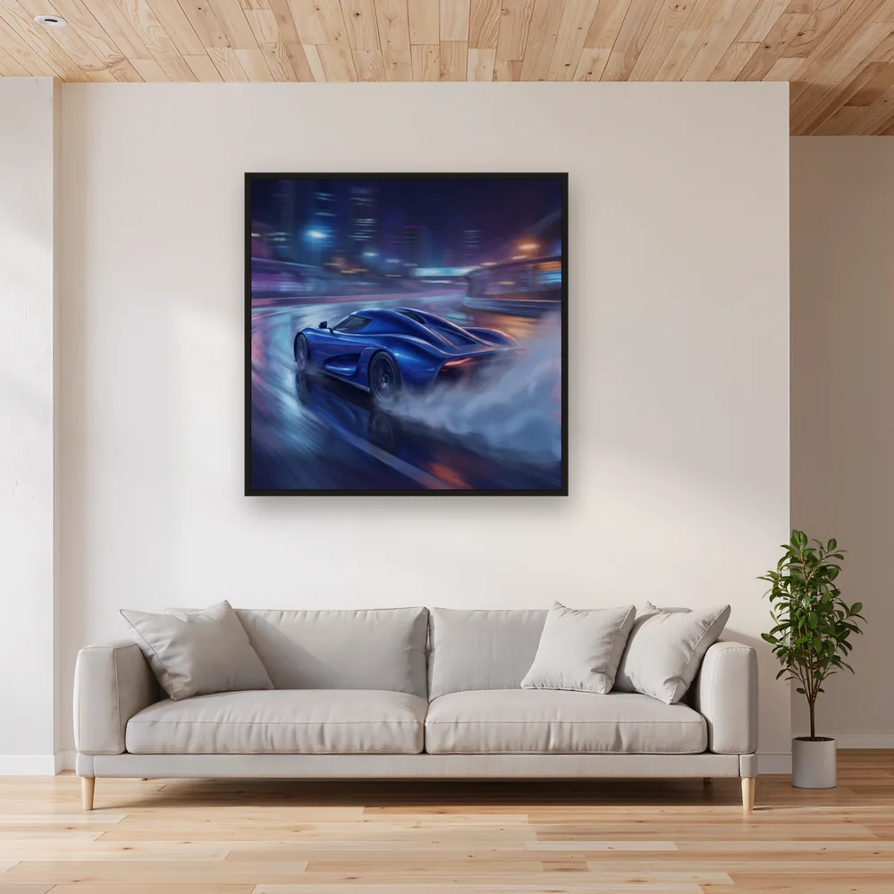 Blauer Rennwagen im Regen bei Nacht – Wohnzimmer