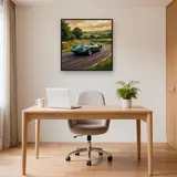 Grüner Rennwagen auf sonniger Landstraße – Büro