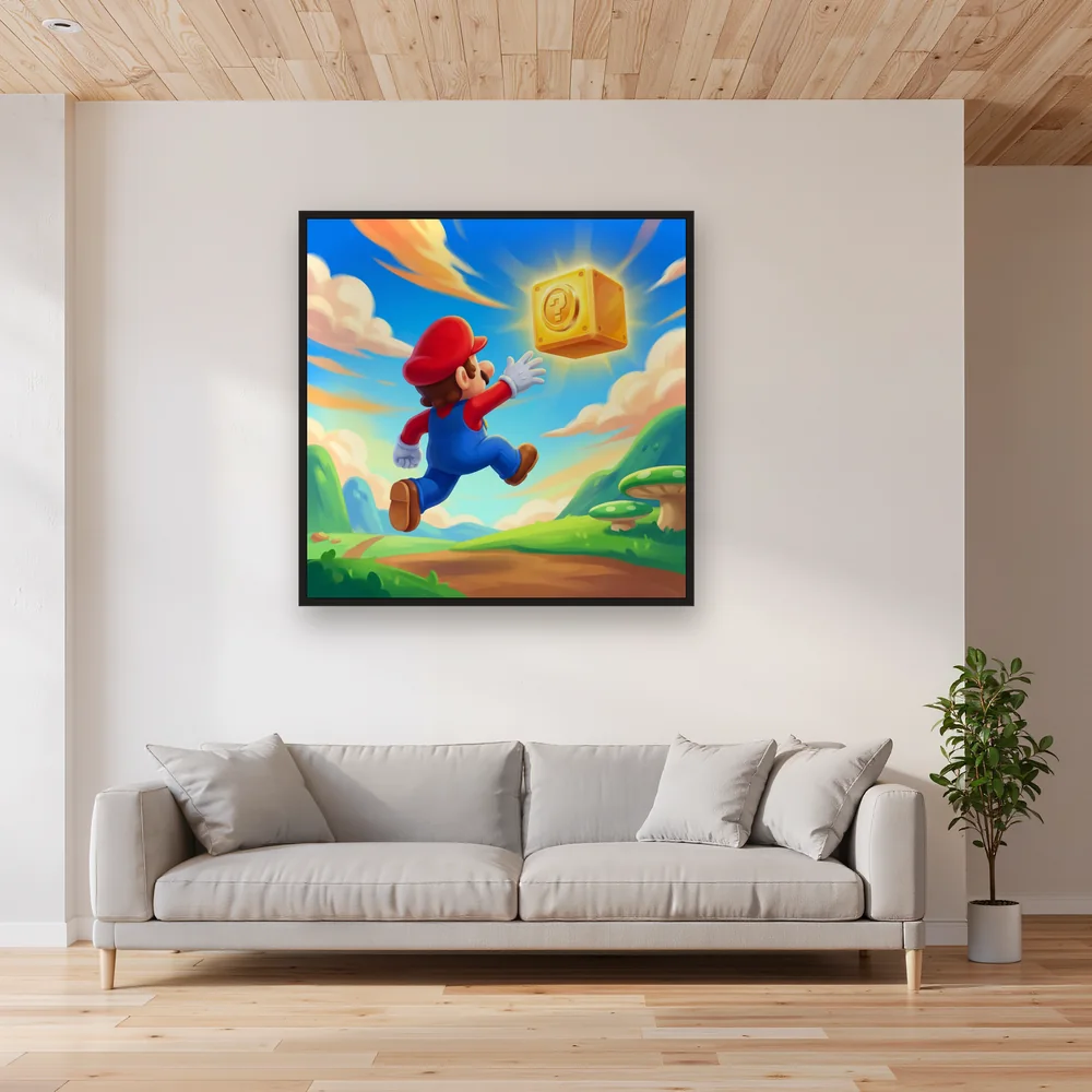 Red-Capped Hero Jumping to Golden Coin Block – Living room