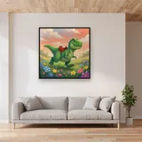 Cute Green Dino in Flower Meadow – displayed in a living room