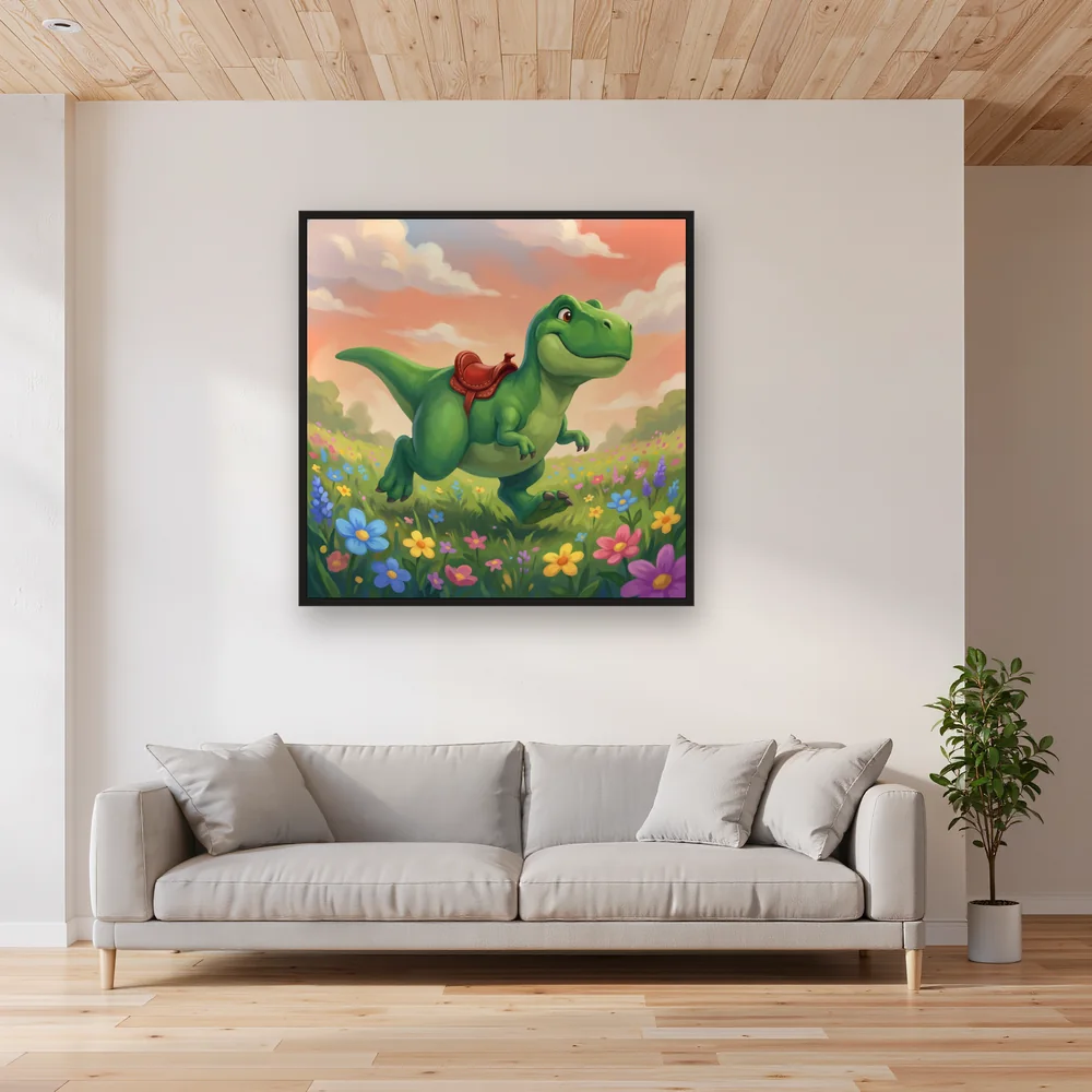 Cute Green Dino in Flower Meadow – Living room