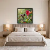 Iridescent Hummingbird Hovering by Red Bloom – Bedroom