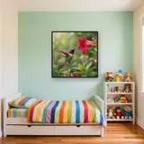 Iridescent Hummingbird Hovering by Red Bloom – Kids room