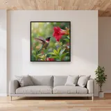 Iridescent Hummingbird Hovering by Red Bloom – displayed in a living room
