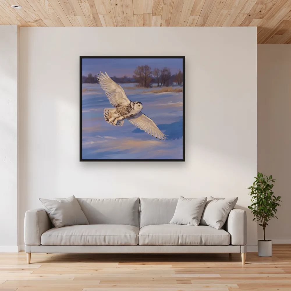Snowy Owl Over Winter Field – Living room