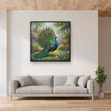 Peacock Displaying Fanned Feathers in Garden – displayed in a living room