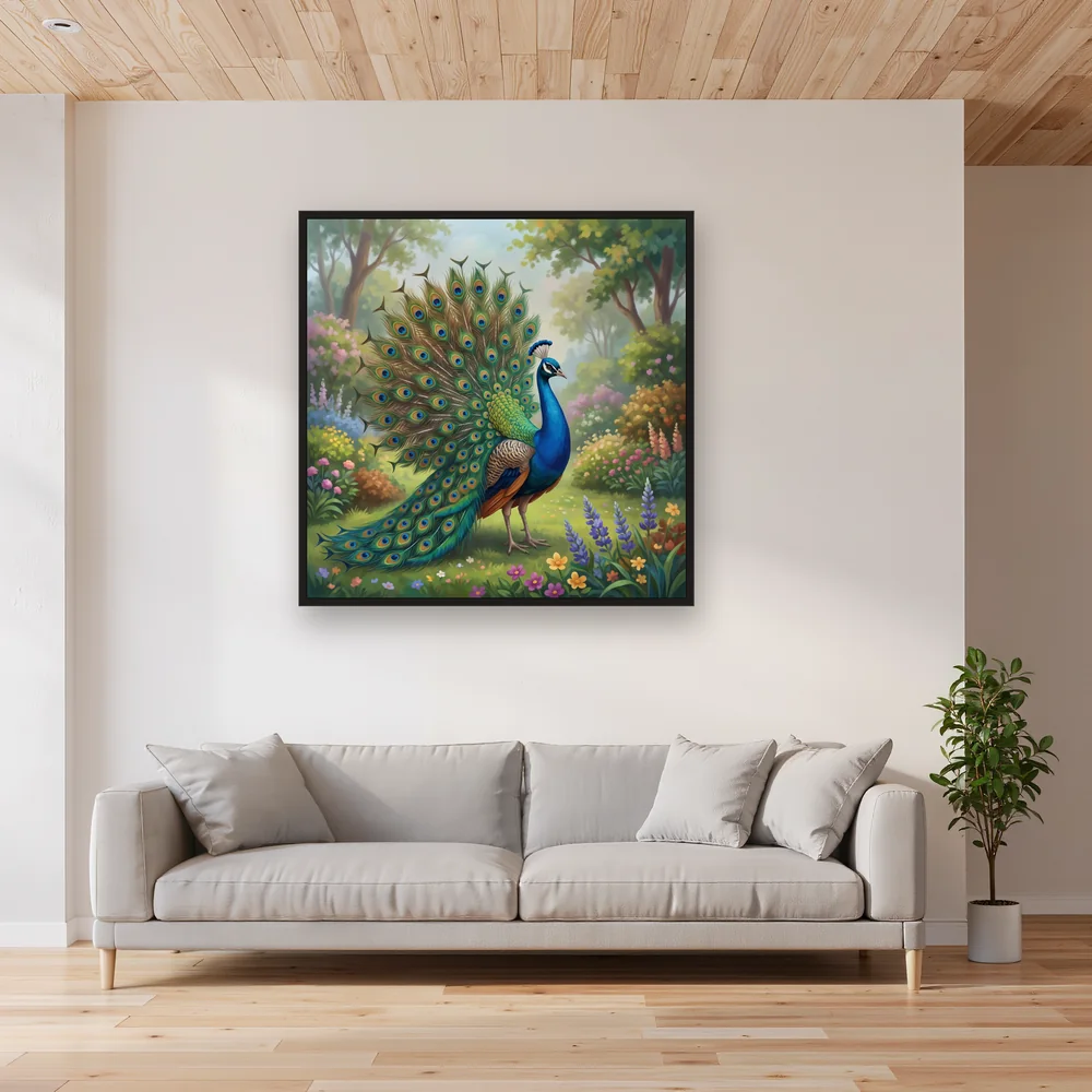 Peacock Displaying Fanned Feathers in Garden – Living room