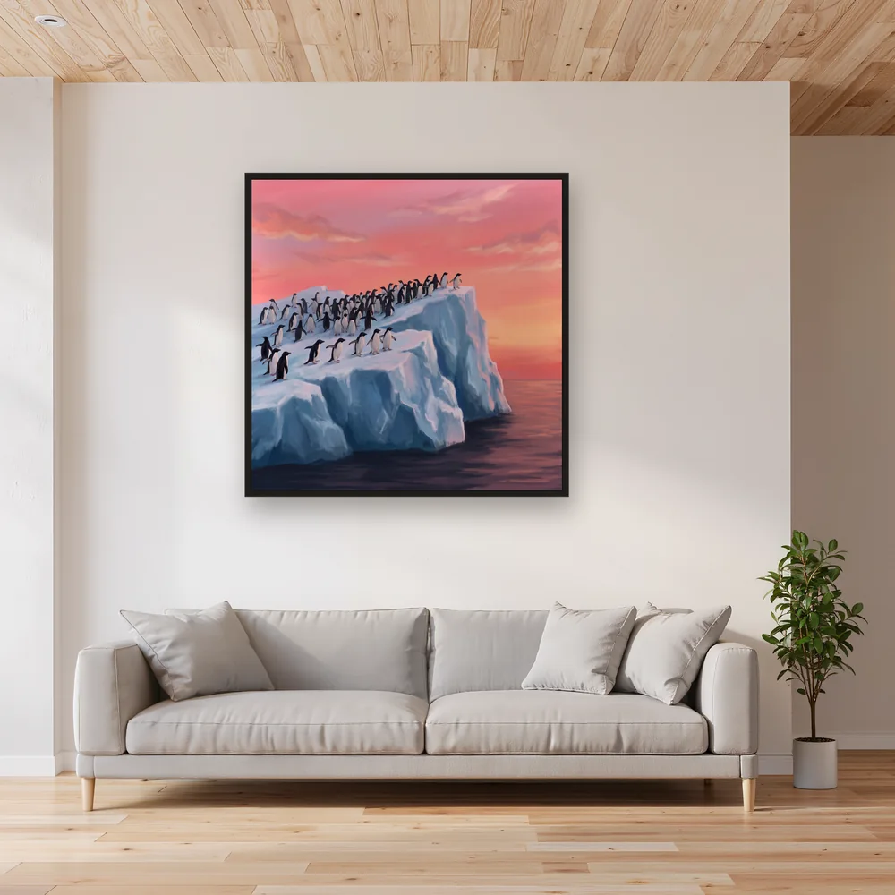 Pinguinkolonie unter rosa Himmel – Wohnzimmer
