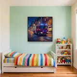 Red Fire Engine on Night Street – Kids room