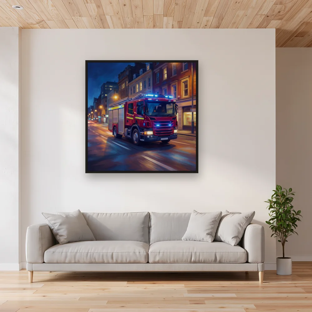Red Fire Engine on Night Street – Living room