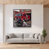 Brave Firefighter with Dalmatian by Fire Truck – displayed in a living room