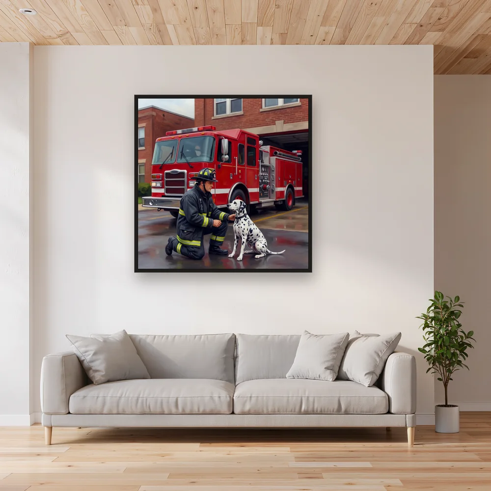 Brave Firefighter with Dalmatian by Fire Truck – Living room
