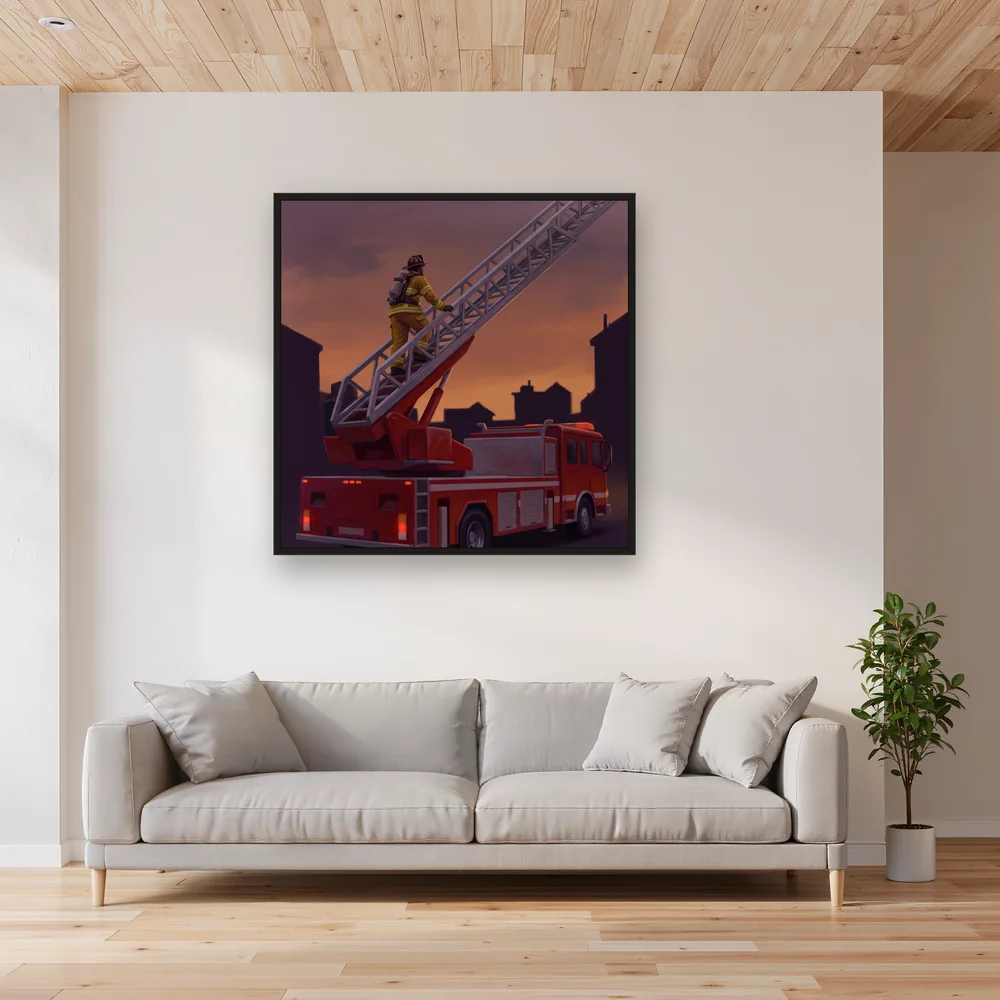 Firefighter on Aerial Ladder at Dusk – Living room