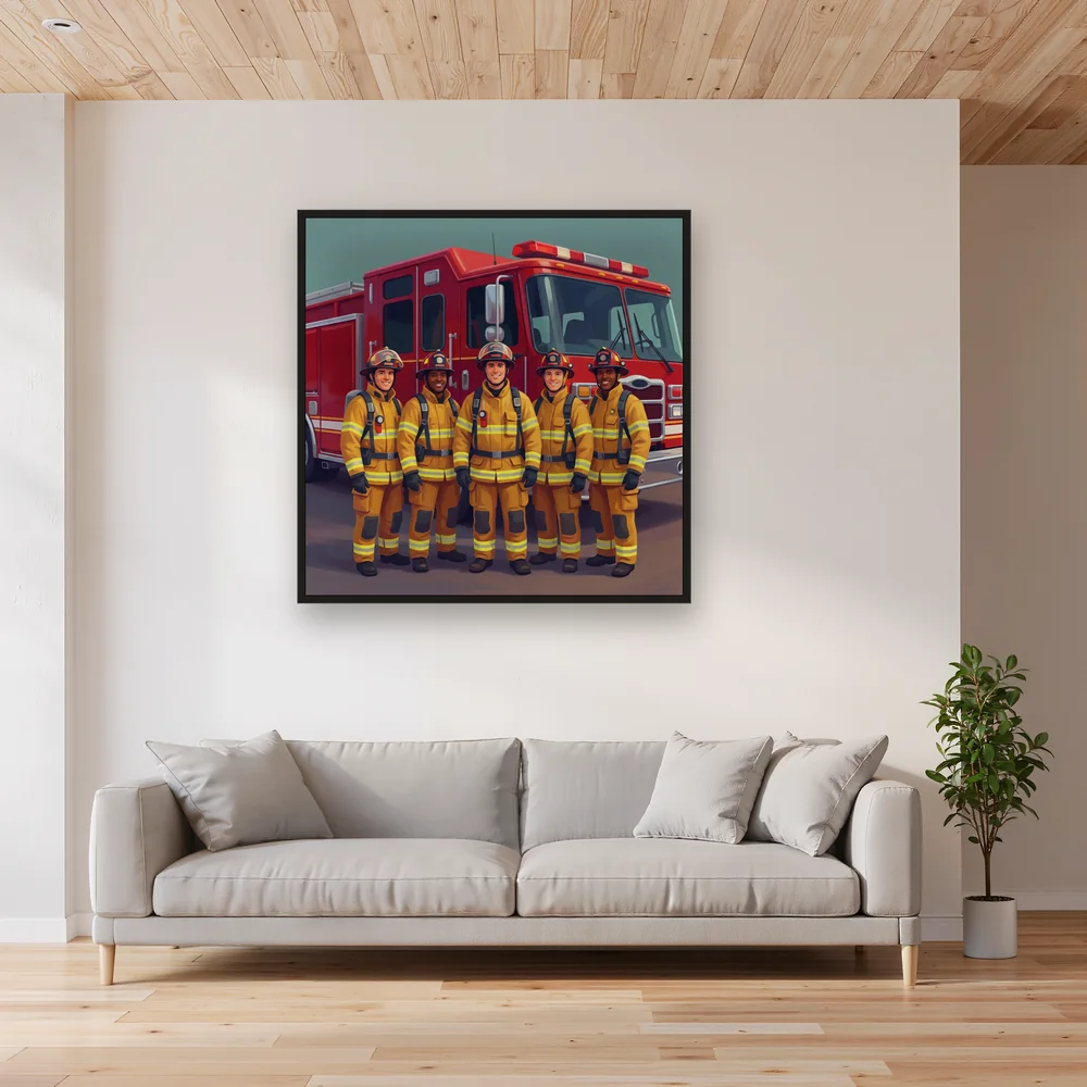Smiling Firefighters by the Red Truck – Living room