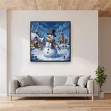 Carrot-Nosed Snowman in Snowy Village – displayed in a living room