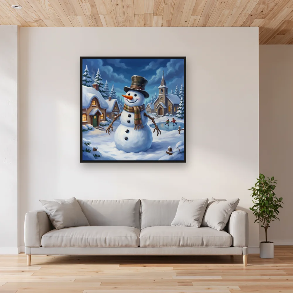 Carrot-Nosed Snowman in Snowy Village – Living room