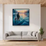 Reindeer and Ice Harvester on Frozen Lake – displayed in a living room