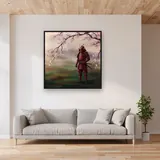 Crimson Warrior Beneath Blossoms – displayed in a living room