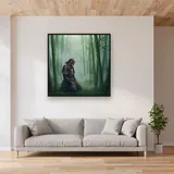 Kneeling Samurai in Misty Bamboo – displayed in a living room