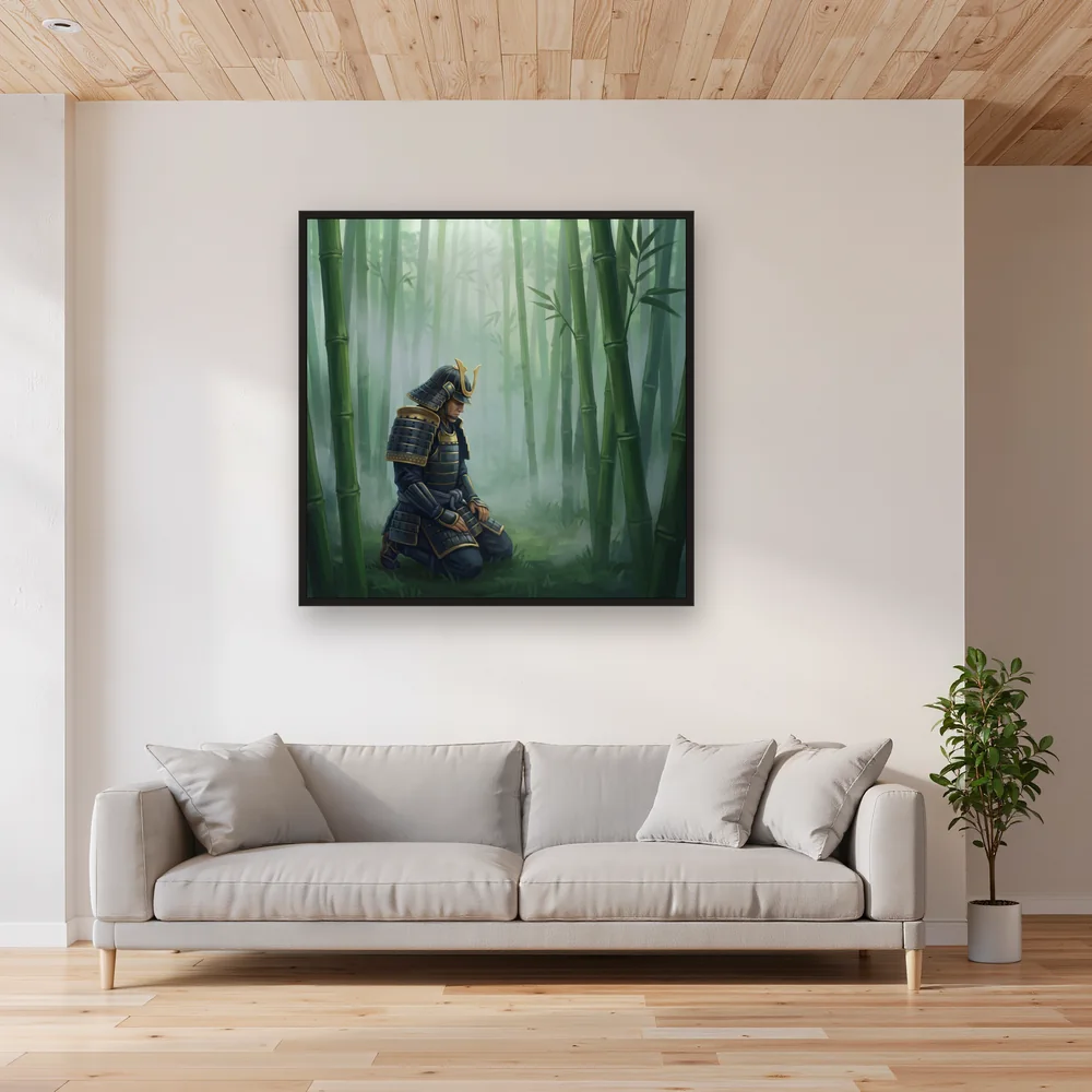 Kneeling Samurai in Misty Bamboo – Living room