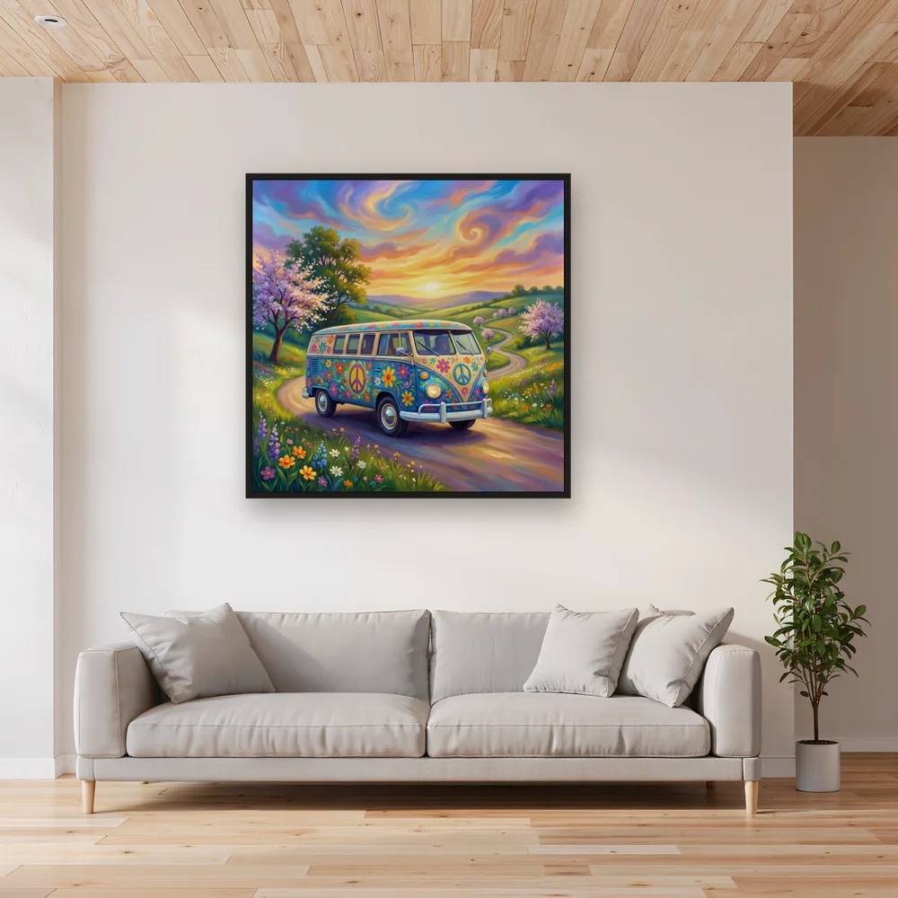 Flower-Powered Hippie Van on Country Road – Living room