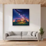 Camper Van, Tent and Campfire Under the Milky Way – displayed in a living room