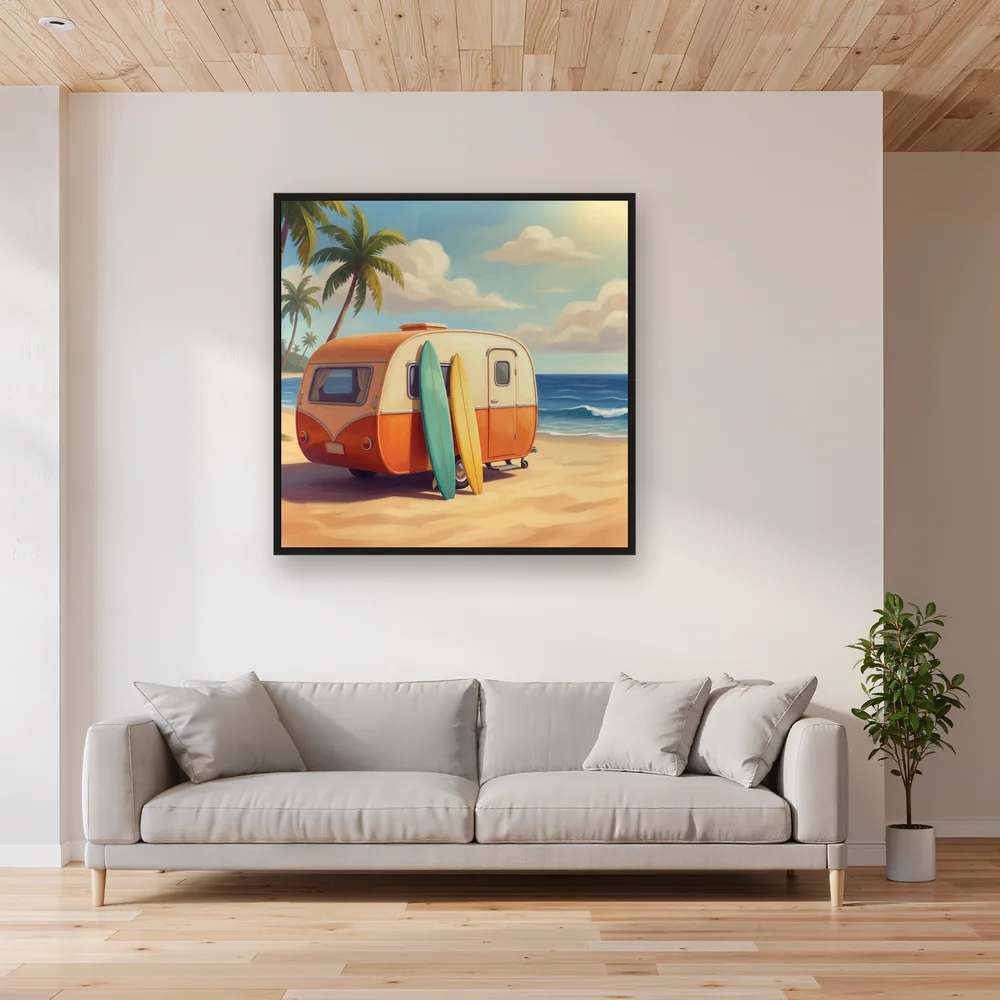 Retro Caravan with Surfboards on Beach – Living room