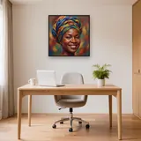 Joyful Headwrap Portrait in Wax Print – Office