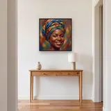 Joyful Headwrap Portrait in Wax Print – Hallway